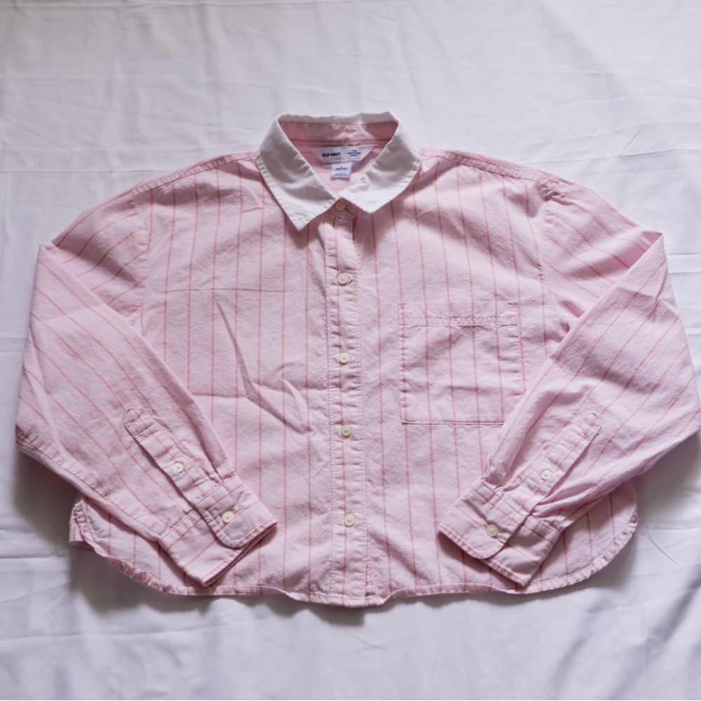 Old Navy Pink Striped Crop Button-Up with White Collar